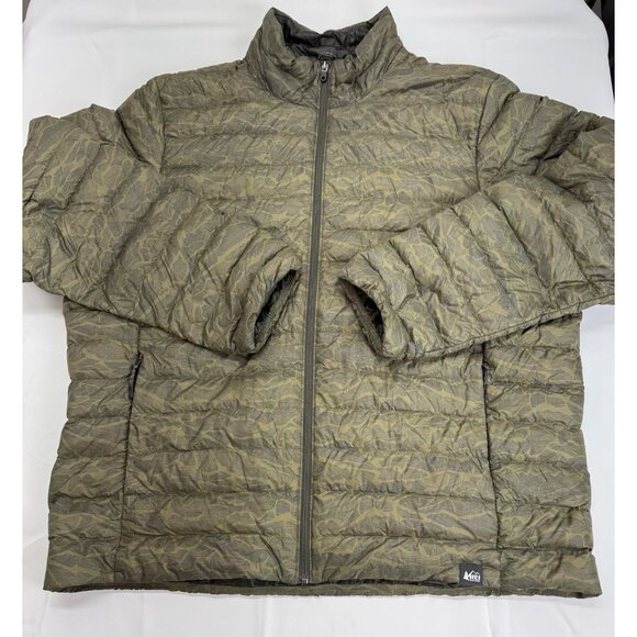 REI Co-Op Mens Down Puffer Jacket XXL 2XL Green Camo Lightweight Full Zip - Picture 3 of 11